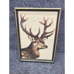 Vintage 15" X10" Deer Stag Buck Needlepoint Framed Signed Jean Solla 1972